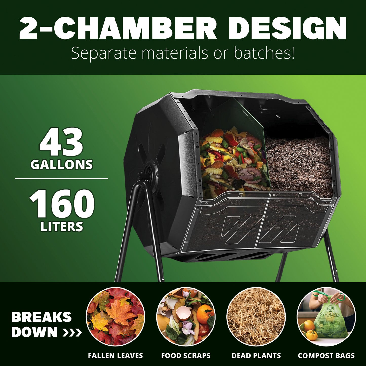 43 Gallon Outdoor 2-Chamber Compost Tumbler Bin – BPA-Free